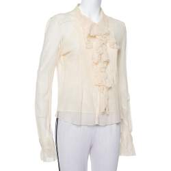 مملوكة مسبقًا Ralph Lauren Cream Tulle Ruffle Detail Button Front Top M