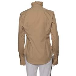 Pre Owned Ralph Lauren Beige Cotton Ruffle Detail Button Front Top L