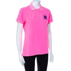 مملوكة مسبقًا Ralph Lauren Neon Pink Cotton Pique Skinny Polo T-Shirt L