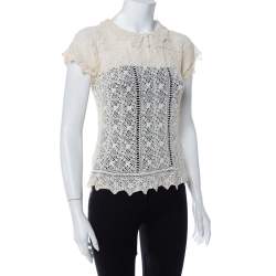Pre Owned Ralph Lauren Cream Crochet Hand Knit Sheer Top M