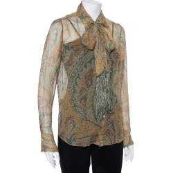 مملوكة مسبقًا Ralph Lauren Multicolor Floral Printed Silk Neck Tie Detail Sheer Shirt L
