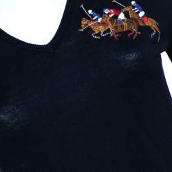 Pre Owned فتسان رالف لورين ميدي مطرز شعار ياقة صوف كحلي مقاس كبير