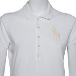 Pre Owned تي شيرت بولو رالف لورين مزخرف شعار الماركة خرز قطن أبيض مقاس وسط (ميديوم)
