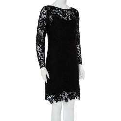 Pre Owned فستان رالف لورين ميريل دانتيل أسود وحواف جلد مقاس متوسط - ميديوم