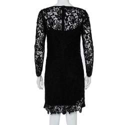 Pre Owned فستان رالف لورين ميريل دانتيل أسود وحواف جلد مقاس متوسط - ميديوم