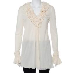 Pre Owned Ralph Lauren Cream Cotton Long Sleeve Ruffled Tunic M