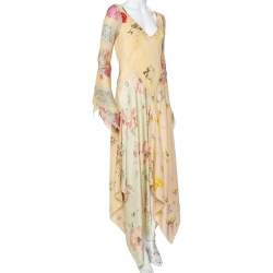 Pre Owned Ralph Lauren Cream Floral Printed Silk Asymmetric Hem Maxi Dress M