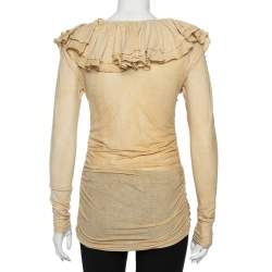 Pre Owned Ralph Lauren Beige Cool Dye Effect Cotton Knit Ruffle Detail Ruched Top S
