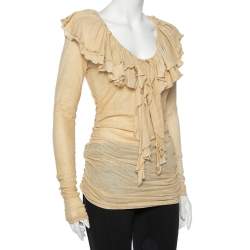 Pre Owned Ralph Lauren Beige Cool Dye Effect Cotton Knit Ruffle Detail Ruched Top S