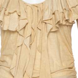 Pre Owned Ralph Lauren Beige Cool Dye Effect Cotton Knit Ruffle Detail Ruched Top S