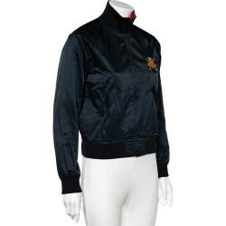 Pre Owned Ralph Lauren Navy Blue Logo Embroidered Synthetic Cropped Bomber Jacket S