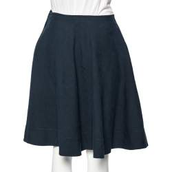 Pre Owned Ralph Lauren Navy Blue Linen Logoed Side Button Flared Skirt S