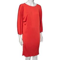 Pre Owned Ralph Lauren Coral Orange Silk Scoop Neck Detail Shift Dress M