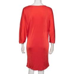 Pre Owned Ralph Lauren Coral Orange Silk Scoop Neck Detail Shift Dress M