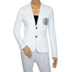 مملوكة مسبقًا Ralph Lauren White Cotton Knit Logo Patch Detailed Single Breasted Blazer S