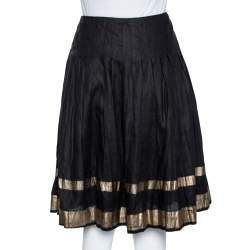 Pre Owned Ralph Lauren Black & Gold Striped Linen Pleated Kristine Skirt M