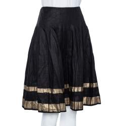 Pre Owned Ralph Lauren Black & Gold Striped Linen Pleated Kristine Skirt M