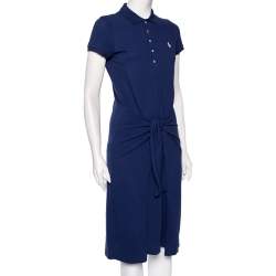 Pre Owned Polo Ralph Lauren Navy Blue Cotton Pique Waist Tie Detail Midi Dress S