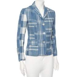Pre Owned Ralph Lauren Blue Checkered Line Patchwork Detail Blazer S