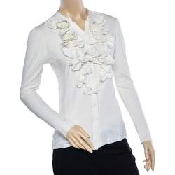 Ralph Lauren Off White Knit Ruffled Neck Button Front Top L