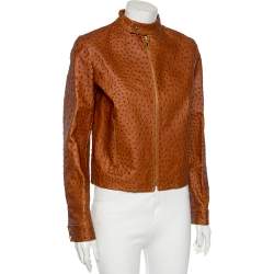 Pre Owned Ralph Lauren Brown Ostrich Leather Standing Collar Jacket M
