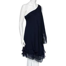 Pre Owned Ralph Lauren Navy Blue Silk Chiffon Tiered One Shoulder Mini Dress L