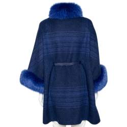 Pre Owned Loro Piana Blue Cashmere & Fur Trimmed Belted Cape Coat S