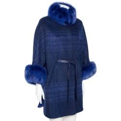 Pre Owned Loro Piana Blue Cashmere & Fur Trimmed Belted Cape Coat S