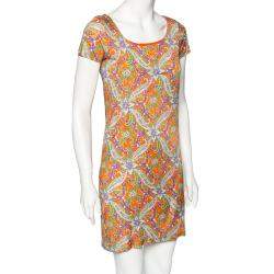 Pre Owned Ralph Lauren Orange Printed Jersey Short Sleeve Dress S