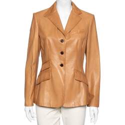 Pre Owned جاكيت بليزر رالف لورين جلد بني فاتح بأزرار أمامية مقاس متوسط - ميديوم