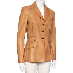 Pre Owned جاكيت بليزر رالف لورين جلد بني فاتح بأزرار أمامية مقاس متوسط - ميديوم