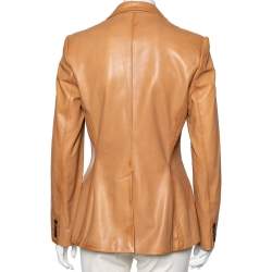 Pre Owned جاكيت بليزر رالف لورين جلد بني فاتح بأزرار أمامية مقاس متوسط - ميديوم