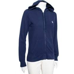 Pre Owned Ralph Lauren Navy Blue Cotton Pique Zip Front Hoodie M