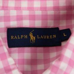 Pre Owned Ralph Lauren Pink Gingham Check Cotton Button Front Short Sleeve Shirt L