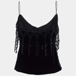Pre Owned Ralph Lauren Black Velvet Feather & Bead Embellished Sleeveless Top S