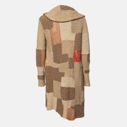 Pre Owned Ralph Lauren Brown Patchwork Hand Knit Silk Long Cardigan M