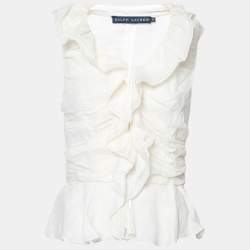 Pre Owned Ralph Lauren Cream Ramie Ruffled Peplum Top M