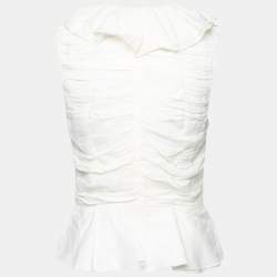 Pre Owned Ralph Lauren Cream Ramie Ruffled Peplum Top M