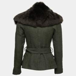 مملوكة مسبقًا Ralph Lauren Green Alpaca Wool & Shearling Fur Trimmed Double Breasted Jacket S