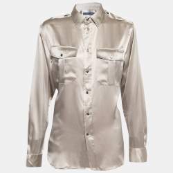 Pre Owned Ralph Lauren Light Brown Silk Satin Pocketed Button Front Shirt M
