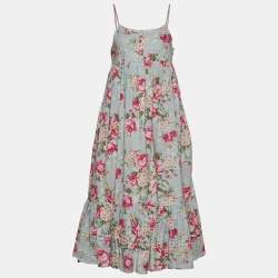 Pre Owned Ralph Lauren Light Blue Floral Print Cotton Sleeveless Midi Dress XL