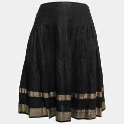 Ralph Lauren Black Linen Gold Striped Pleated Skirt M