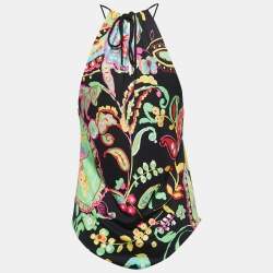 Pre Owned Ralph Lauren Black Floral Printed Knit Halterneck Top M