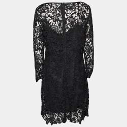 Pre Owned Ralph Lauren Black Lace & Leather Trim Merrill Dress L