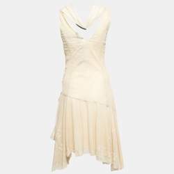Pre Owned Ralph Lauren Beige Lace Asymmetric Hem Neck Tie Detail Midi Dress S