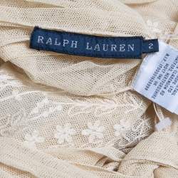 Pre Owned Ralph Lauren Beige Lace Asymmetric Hem Neck Tie Detail Midi Dress S