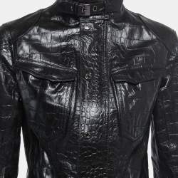 Pre Owned Ralph Lauren Black Croc Embossed Leather Zip Front Jacket M