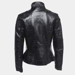 Pre Owned Ralph Lauren Black Croc Embossed Leather Zip Front Jacket M