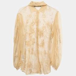 Pre Owned Ralph Lauren Cream Embroidered Lace Button Front Sheer Shirt M