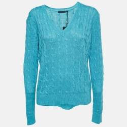 Pre Owned Ralph Lauren Blue Cable Knit V-Neck Sweater L
